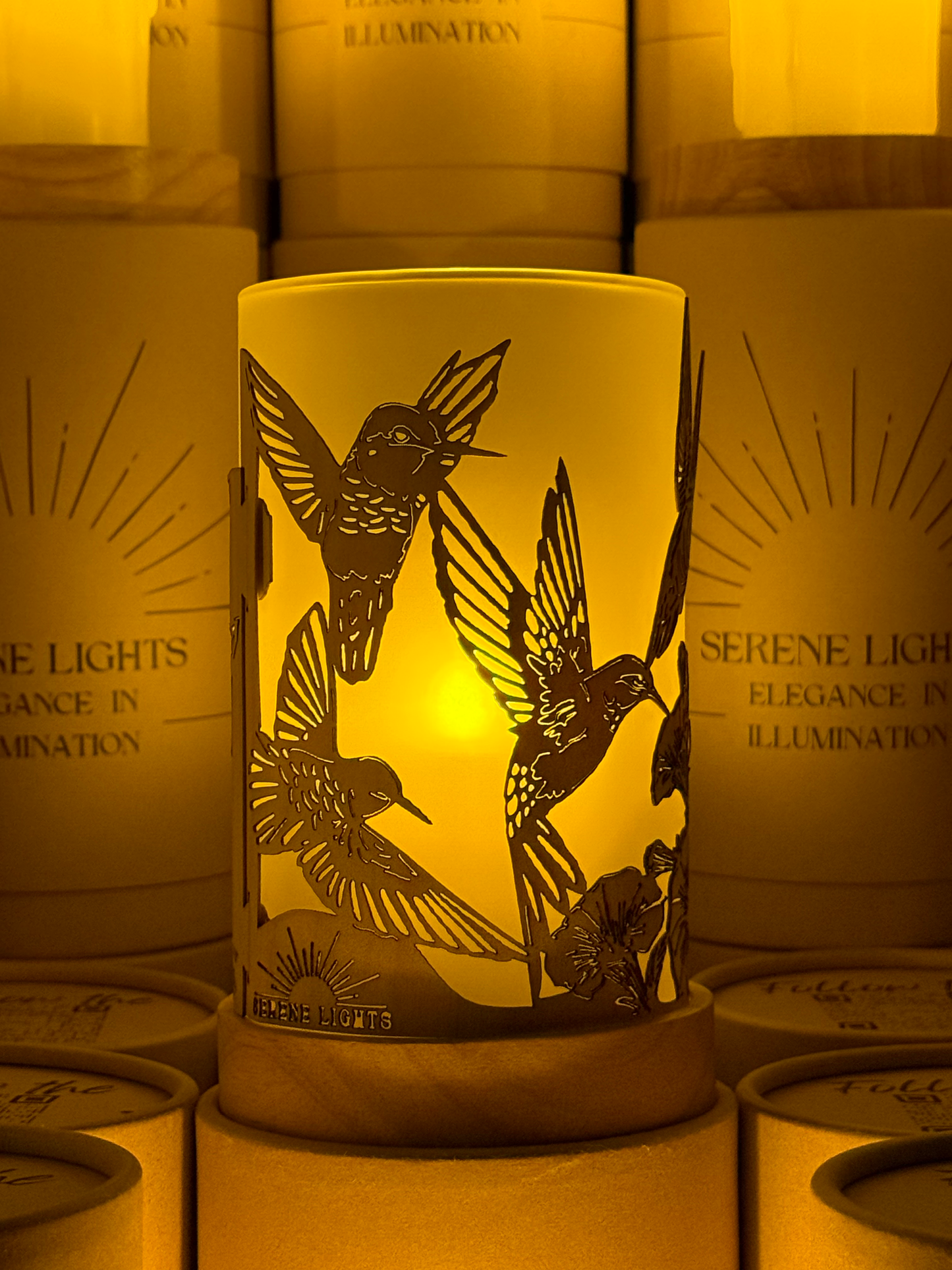 Serene Lights - Humming Birds in Flight, Decorative Candle Holder – Laser Etched, Handmade Wood Veneer, Rechargeable LED Candle