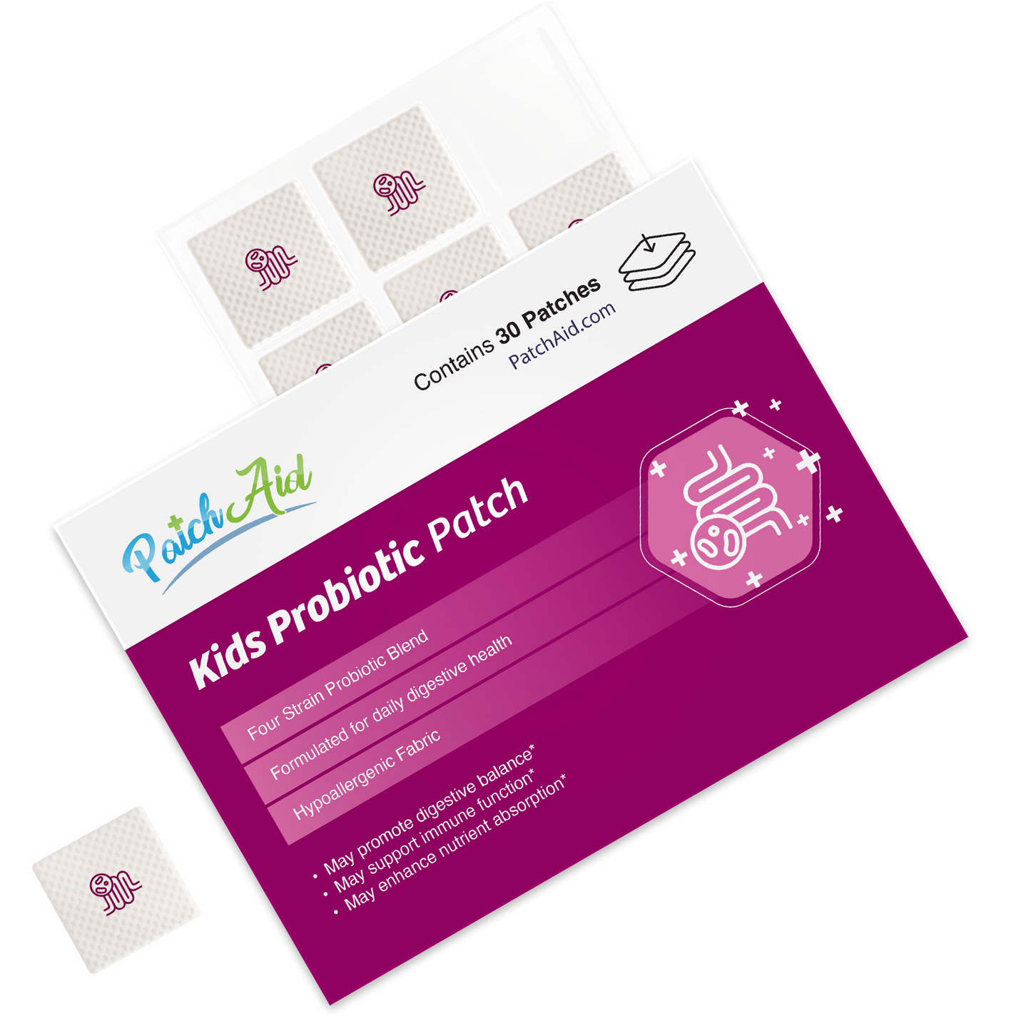 PatchAid kids probiotic patch with 4-strain blend for daily digestive health and immune support — no pills or gummies"