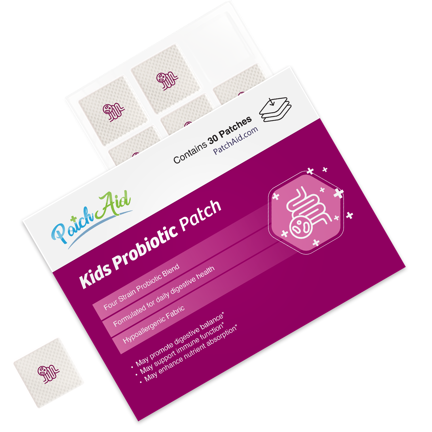 PatchAid kids probiotic patch with 4-strain blend for daily digestive health and immune support — no pills or gummies"