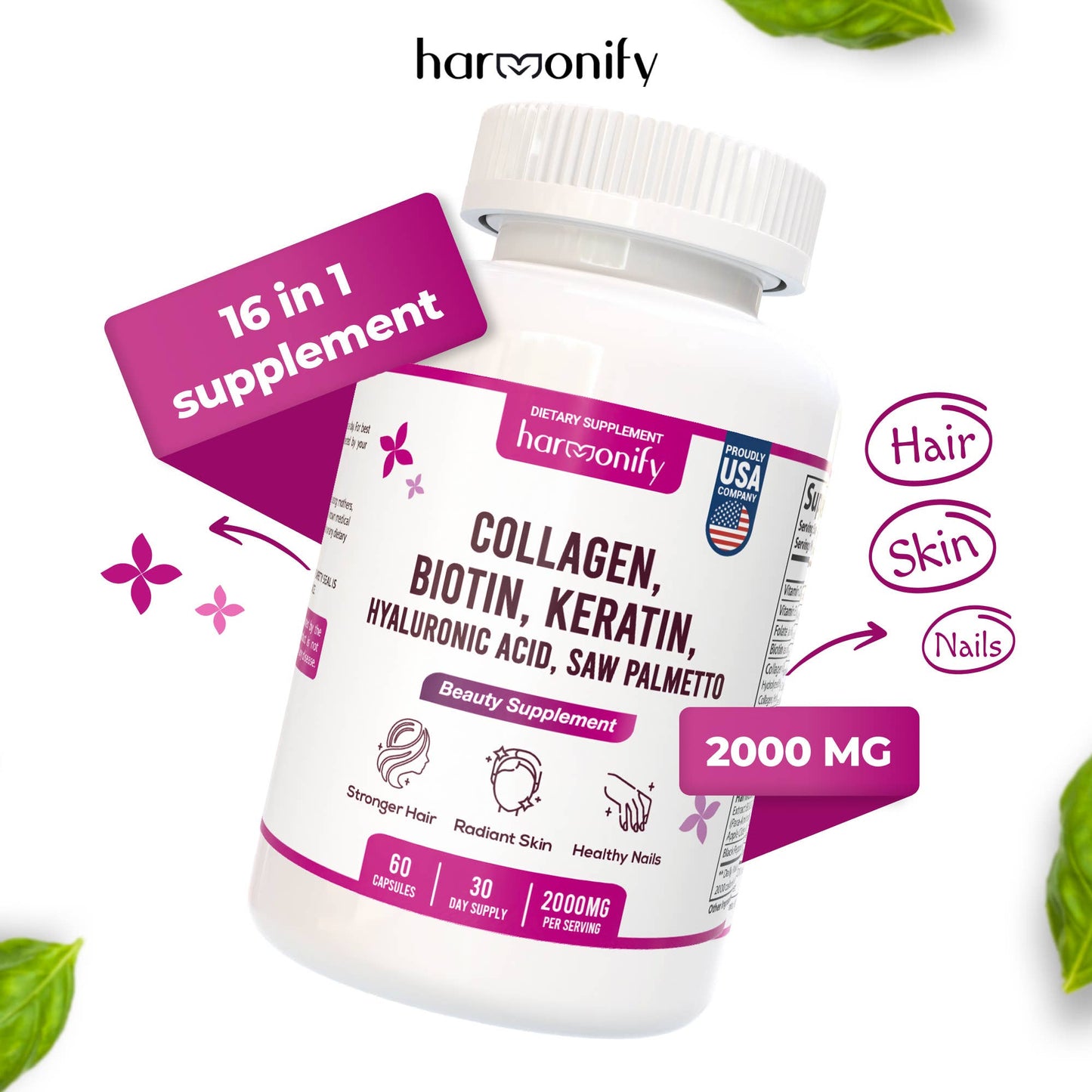 HARMONIFY - Collagen Biotin Keratin Saw Palmetto Hyaluronic Acid Complex Supplement