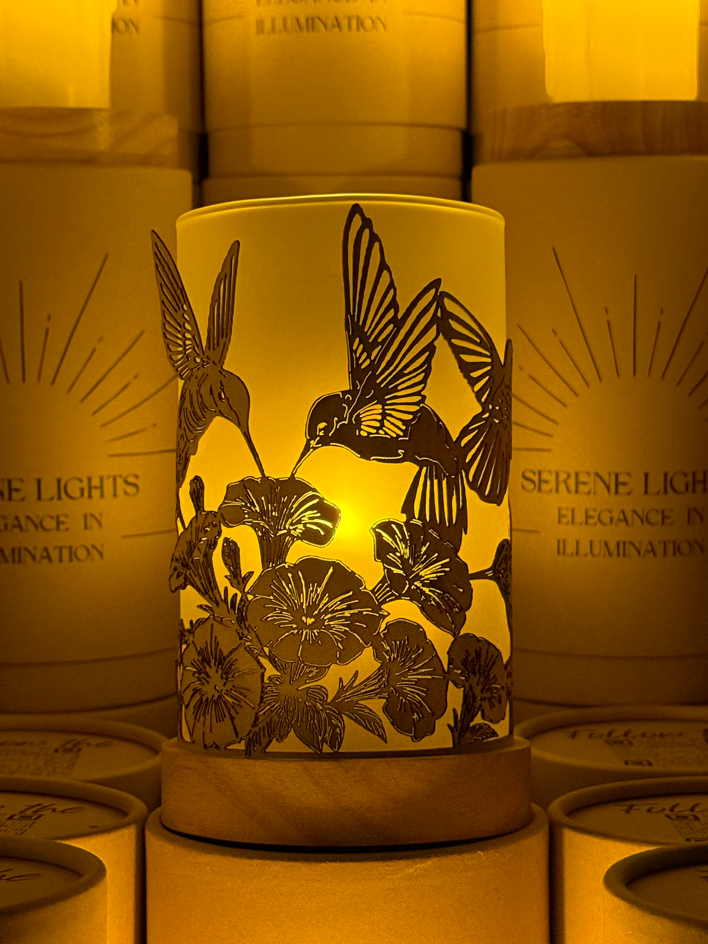 Serene Lights - Humming Birds in Flight, Decorative Candle Holder – Laser Etched, Handmade Wood Veneer, Rechargeable LED Candle