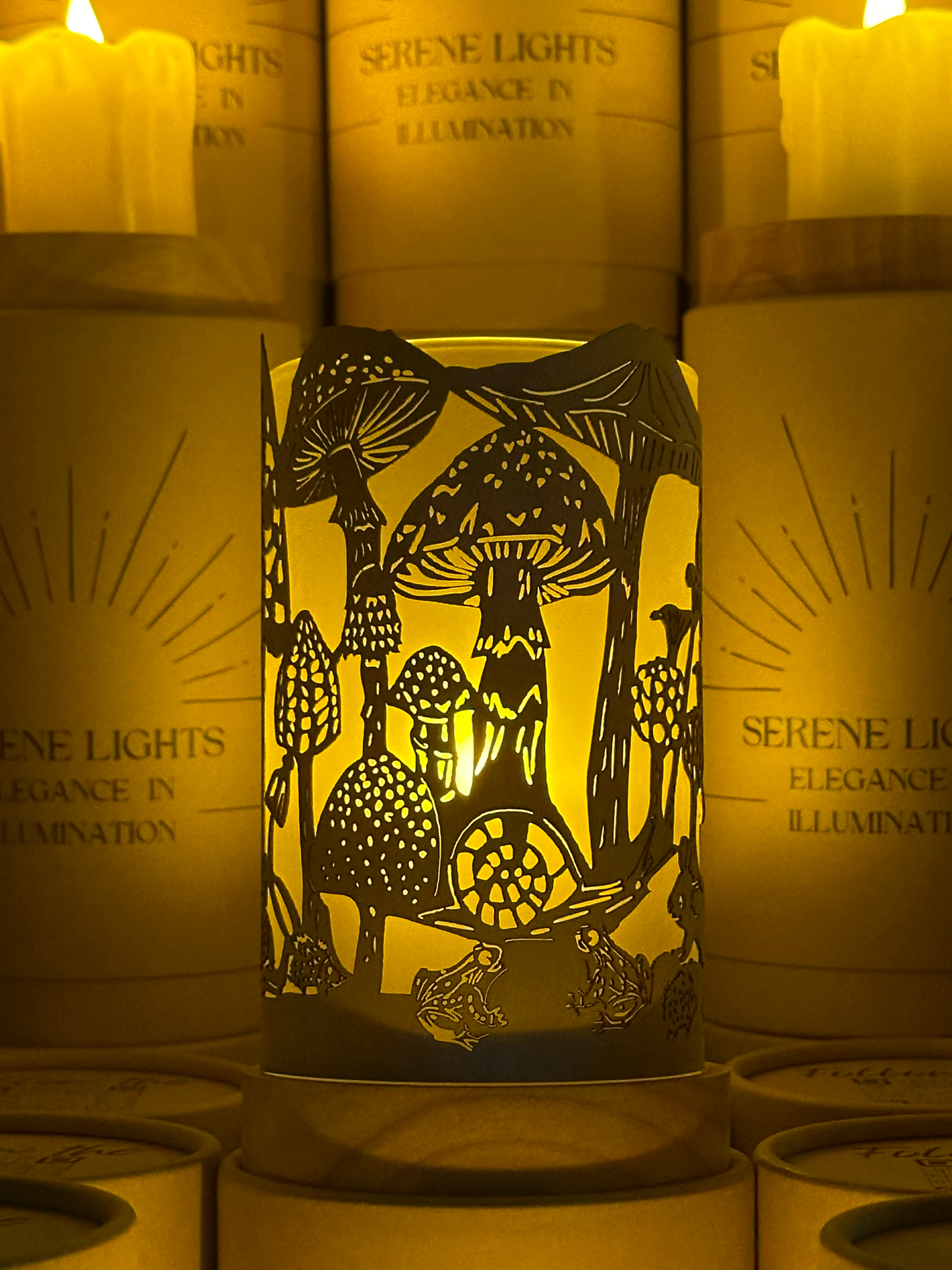 Serene Lights - Mushroom and Mice, Decorative Candle Holder – Laser Etched, Handmade Wood Veneer, Rechargeable LED Candle