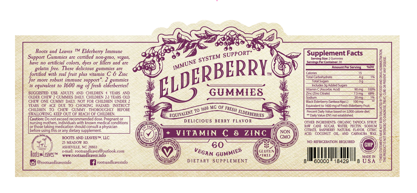 Roots And Leaves - Elderberry Gummies with Zinc + Vitamin C- 60 CT