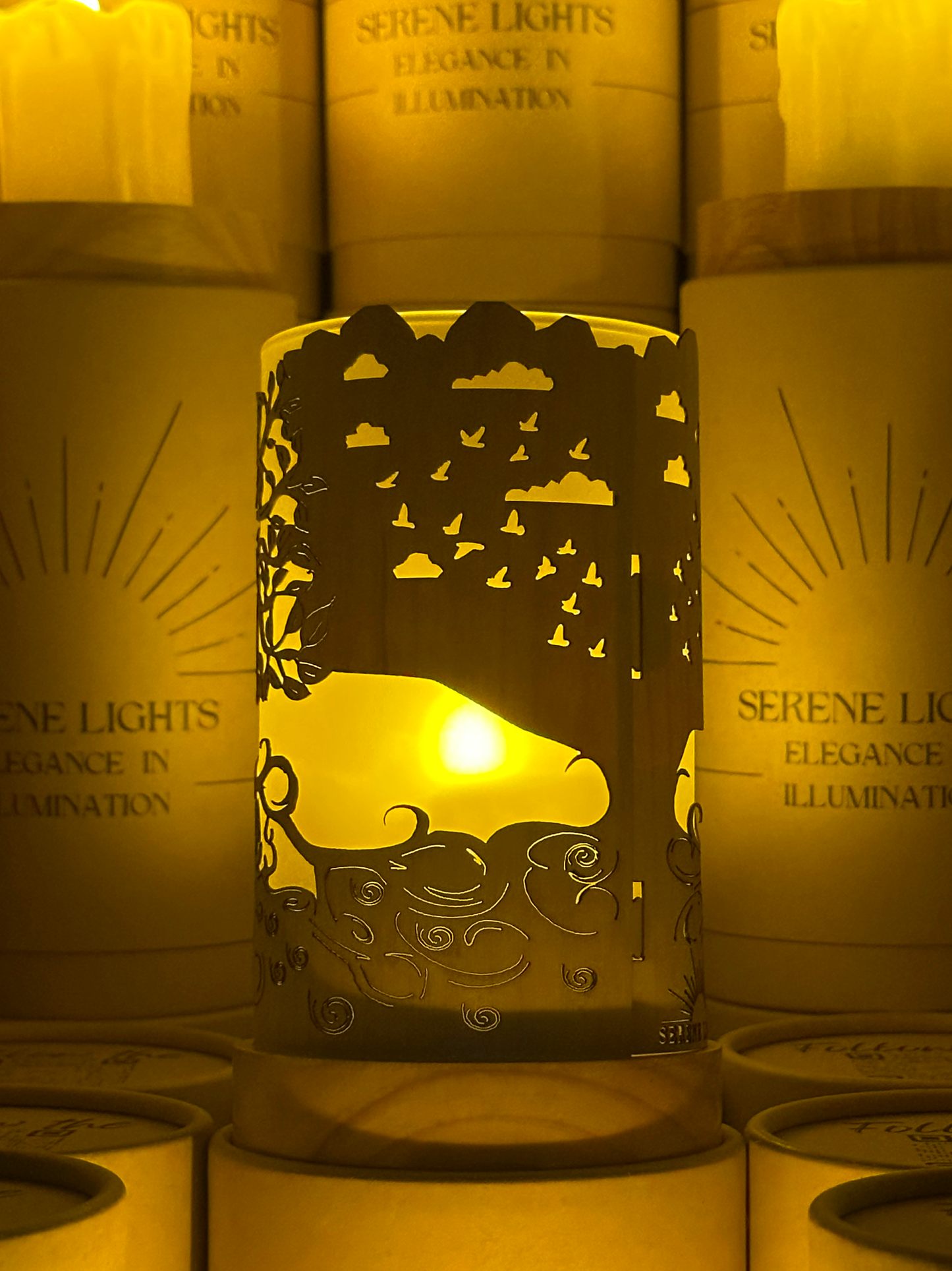 Serene Lights - Tree of Life, Decorative Candle Holder – Laser Etched, Handmade Wood Veneer, Rechargeable LED Candle