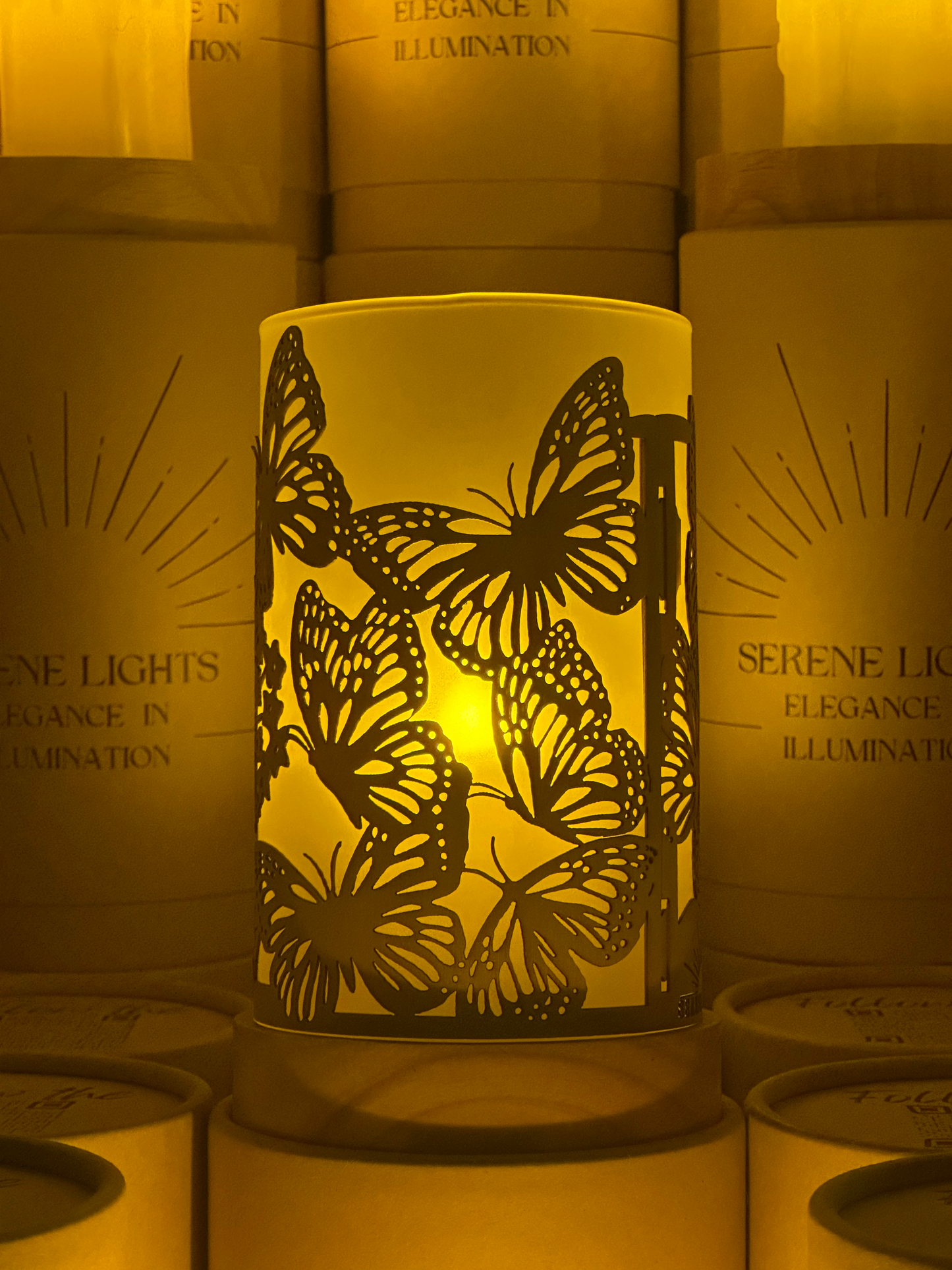 Serene Lights - Butterflies, Decorative Candle Holder – Laser Etched, Handmade Wood Veneer, Rechargeable LED Candle