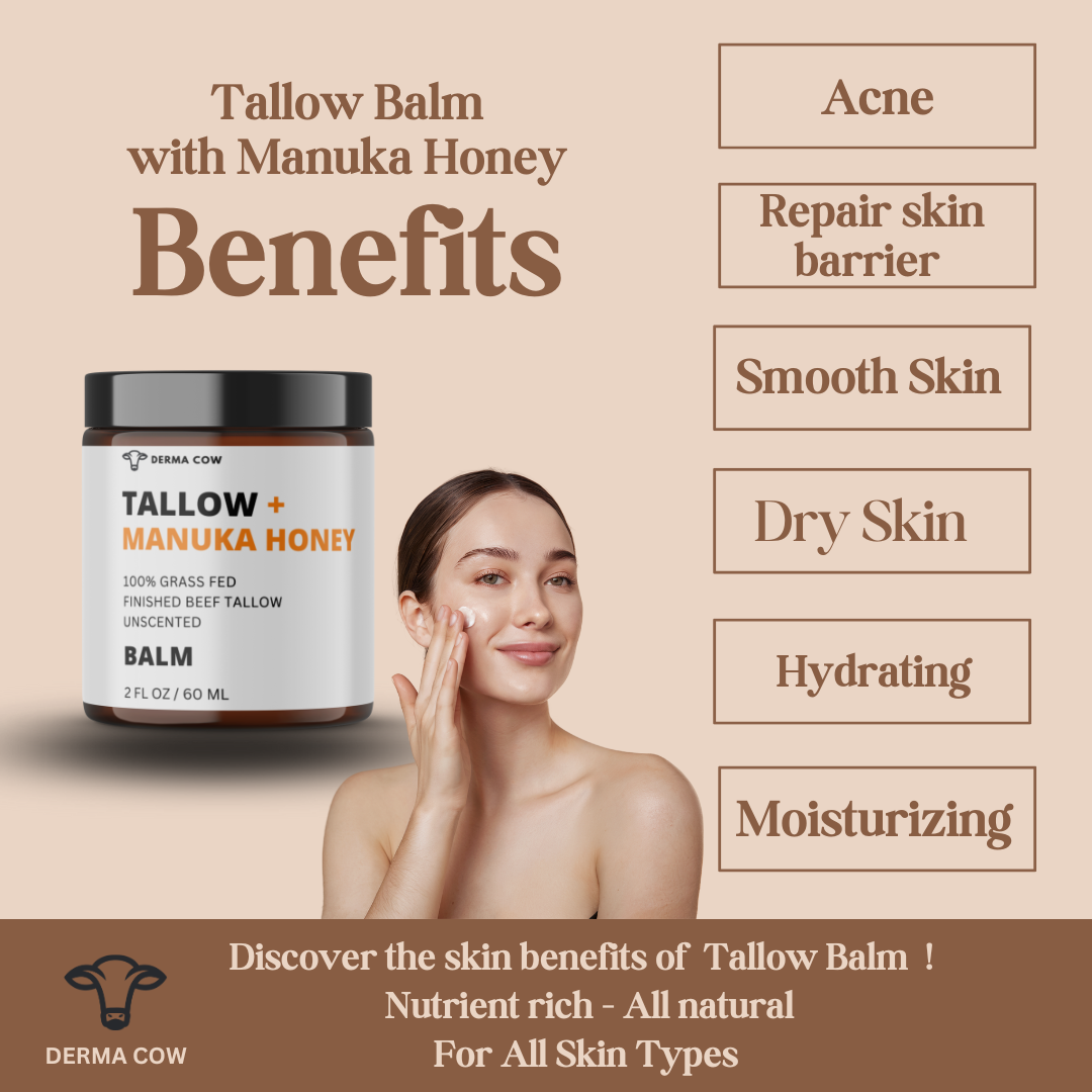 Derma Cow - Tallow Balm + Manuka Honey, 100% Grass Fed Beef, 2oz Balm