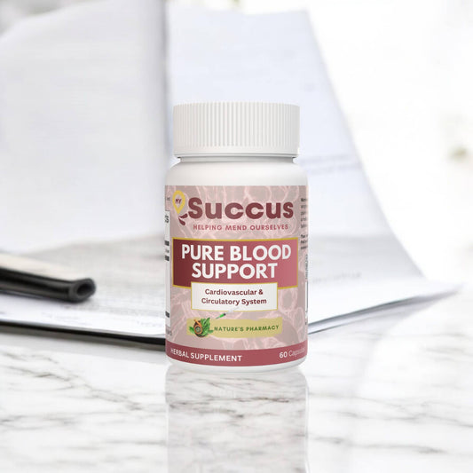 MySuccus Pure Blood Support herbal supplement bottle for cardiovascular and circulatory system on marble surface
