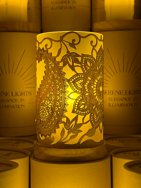 Serene Lights - Mandala, Decorative Candle Holder – Laser Etched, Handmade Wood Veneer, Rechargeable LED Candle